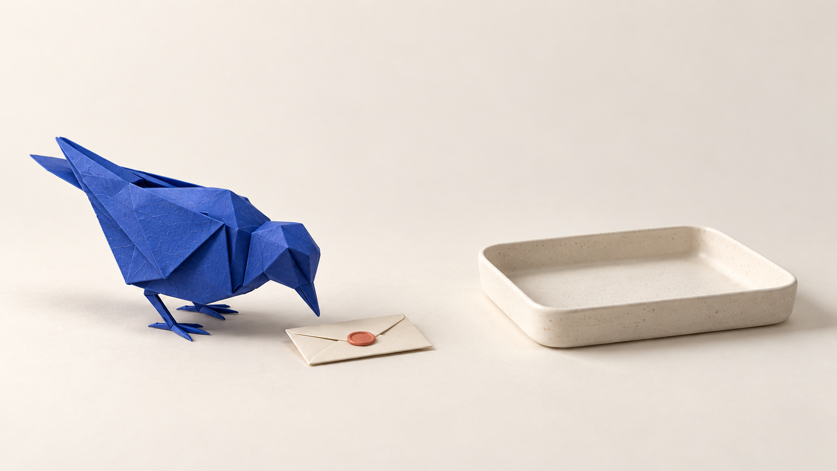 A handmade blue origami bird beside an envelope and a ceramic letter tray