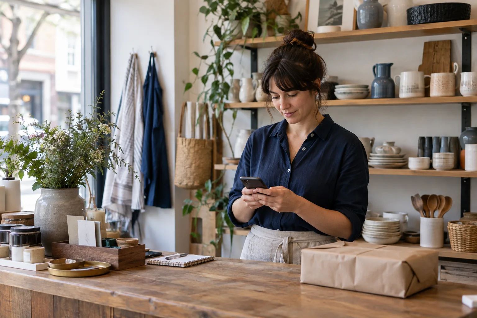 A boutique owner checking her phone at the counter