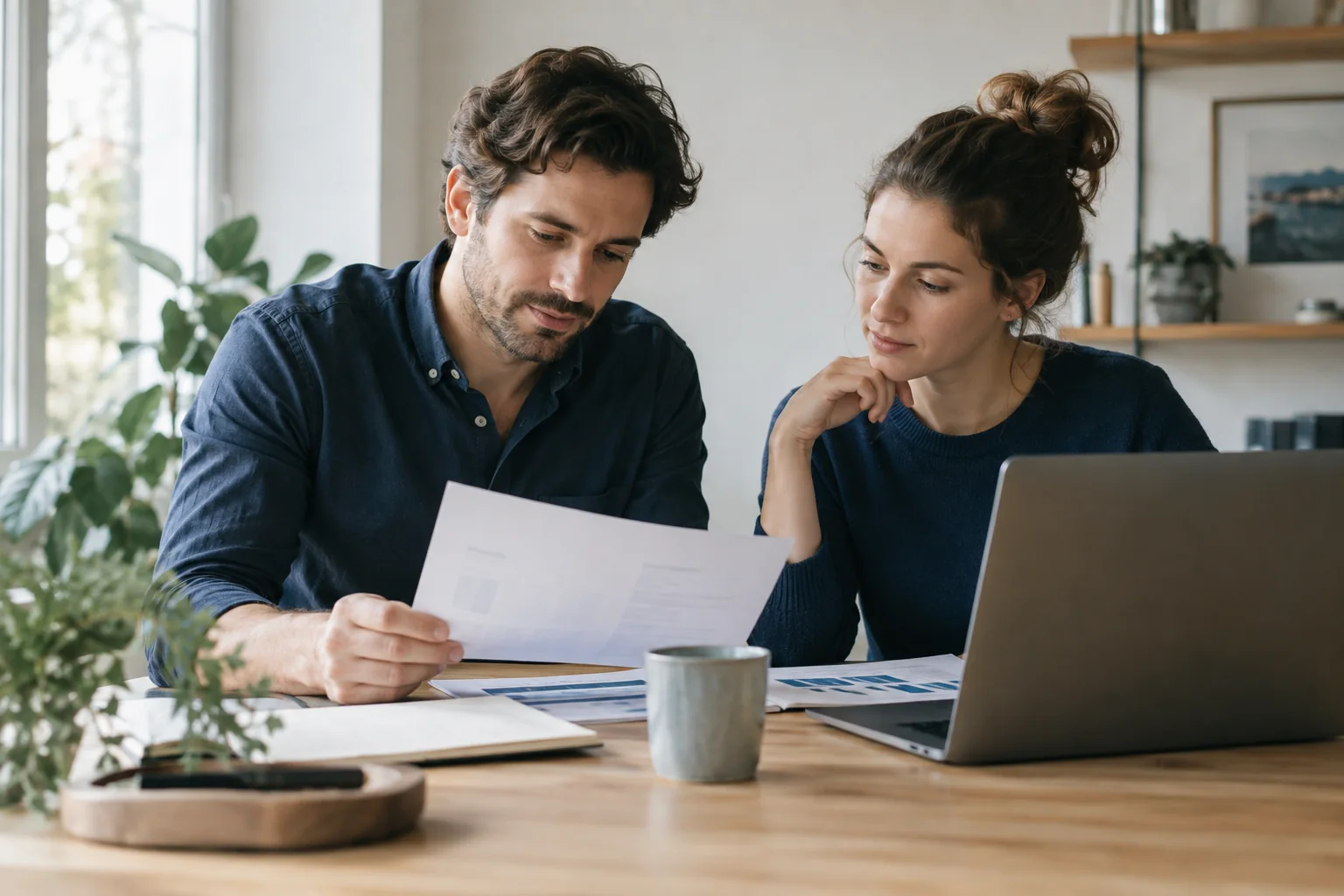 Two colleagues reviewing documents together at a table