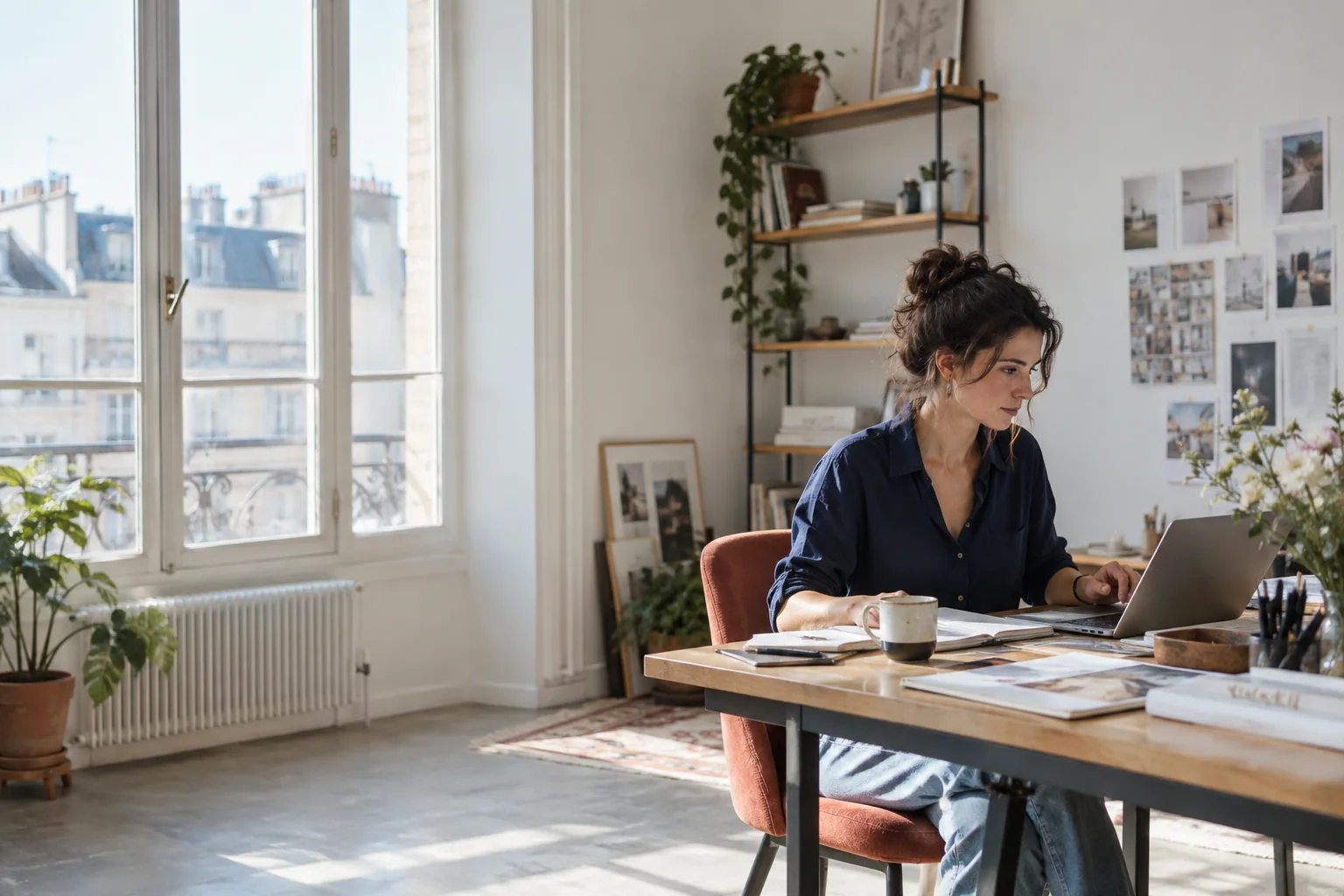A business owner at work in a sunlit studio