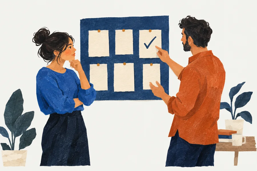 Illustration of two collaborators reviewing and approving a project