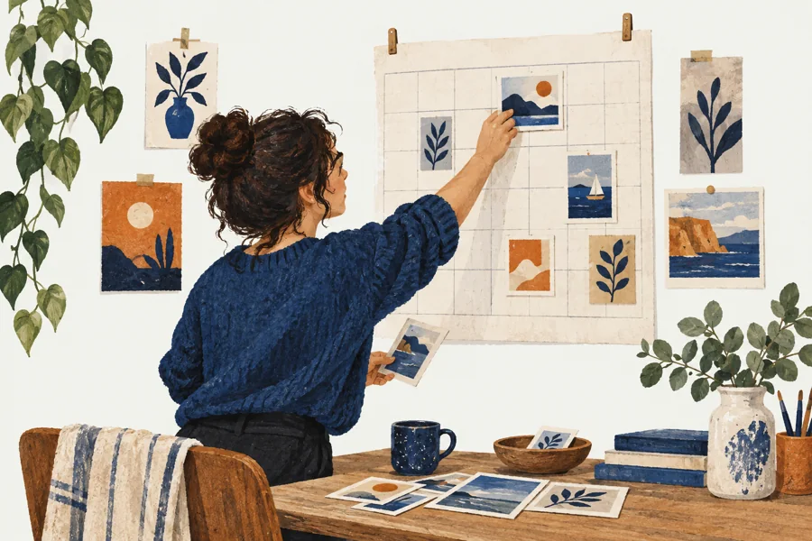 Illustration of a creative arranging photographs on a content calendar