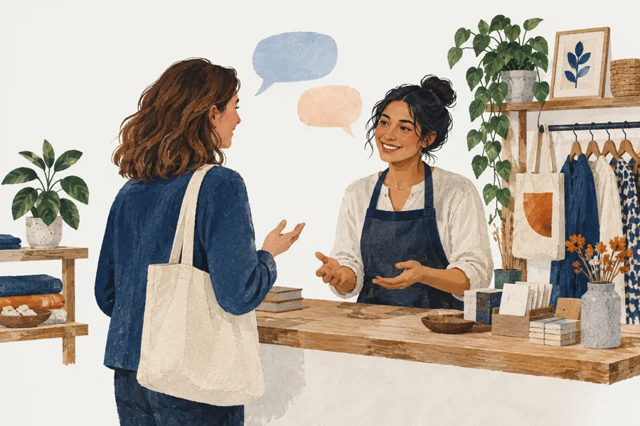 Hand-painted scene of a shop owner helping a customer