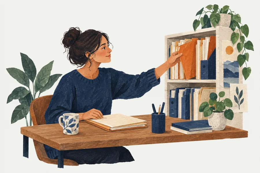 Illustration of a colleague finding a document in organised folders