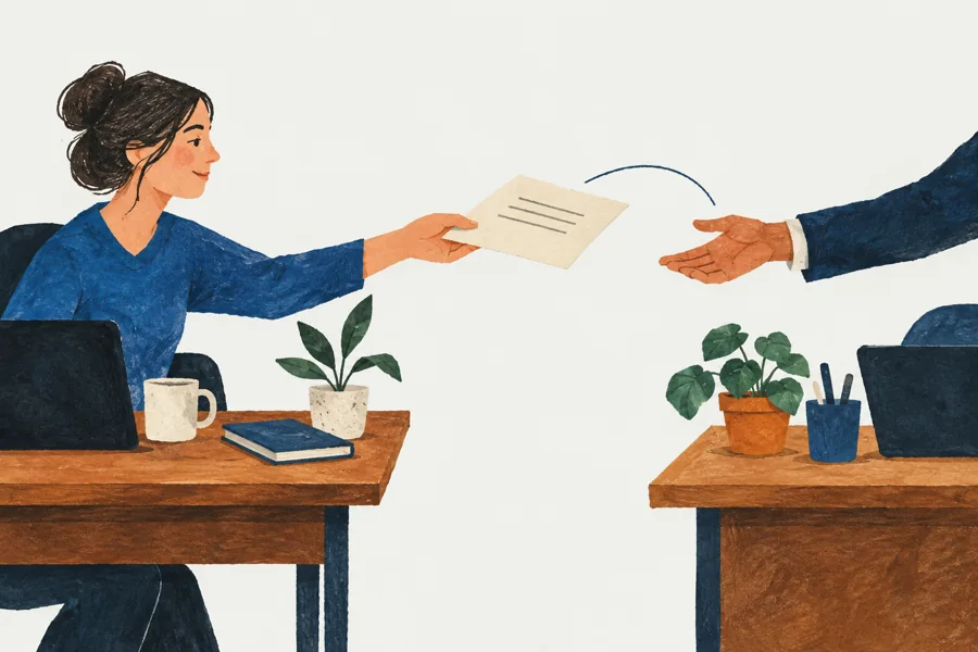 Hand-painted illustration of people passing a document between desks