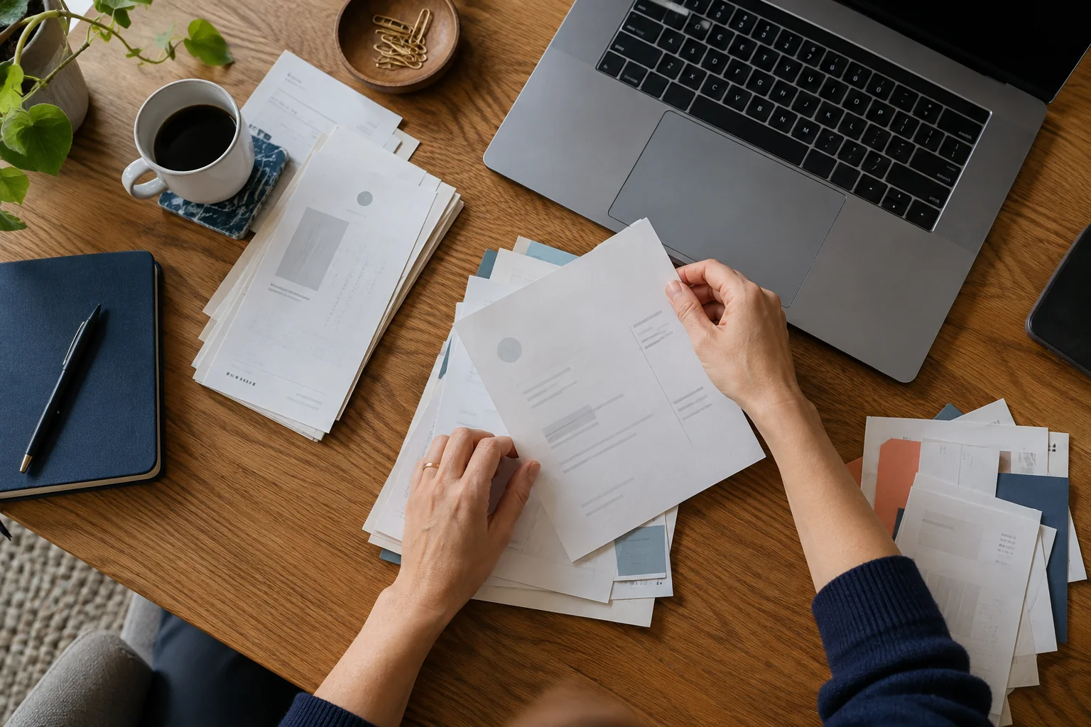 Hands arranging paperwork beside a laptop